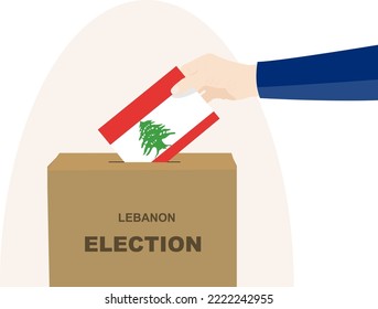 Lebanon election and vote concept, political selection, man hand and ballot box, democracy and human rights idea, election day, vector asset with Lebanon flag