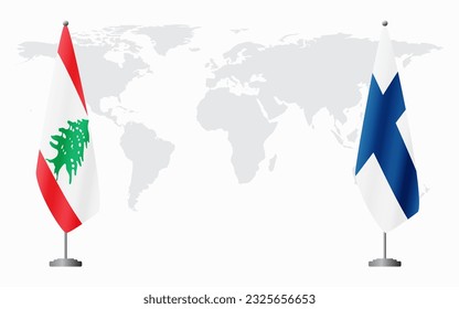 Lebanon and Finland flags for official meeting against background of world map.