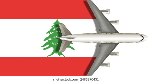 Lebanon flag with an airplane flying over it close up. Vector image.