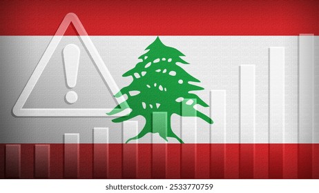 Lebanon flag with burlap texture, warning sign, and rising bar chart symbolizing increasing risk or growth challenges in the country. Ideal for data presentations.