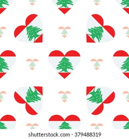 Lebanon flag heart seamless pattern. Patriotic Lebanon flag background. Country flag in the shape of heart. Vector seamless pattern.