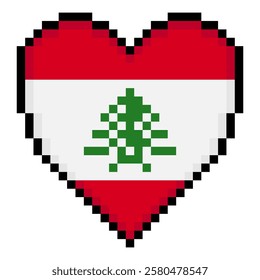  Lebanon flag with heart shape in pixel art style