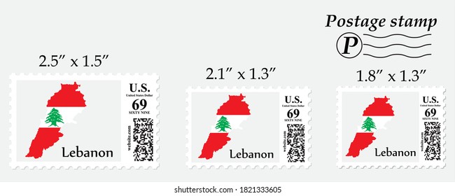 Lebanon flag map on postage stamp different size.