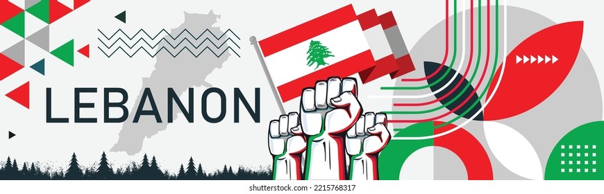 Lebanon Flag and map with raised fists. National or Independence day design for Lebanese people. Modern red green white traditional abstract background. Lebanon Vector illustration.