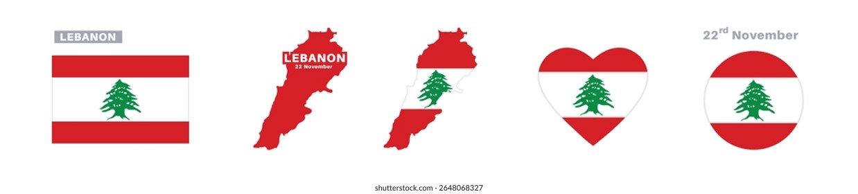 bandeira do líbano e conjunto de mapas. bandeira do líbano em cores e proporções oficiais. dia da independência 22 de novembro , mapa, círculo e coração em forma de líbano	
