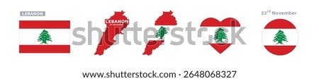 lebanon flag and map set. lebanon flag in official colors and proportions. independence day 22 november , map, circle and heart shaped lebanon	
