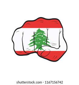 Lebanon flag on a clenched fist. Strength, Power, Protest concept