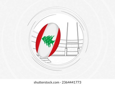 Lebanon flag on rugby ball, lined circle rugby icon with ball in a crowded stadium. Vector sport emblem on abstract background.
