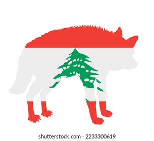 Lebanon flag over striped hyena vector silhouette illustration isolated on white background. Wild animal scary predator. Carnivore powerful beast. Hyena shape shadow symbol. Middle east state Asia.