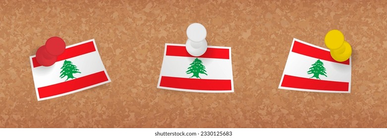Lebanon flag pinned in cork board, three versions of Lebanon flag. Vector pushpins and flag set.