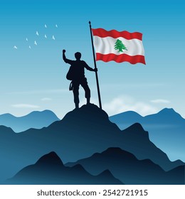 Lebanon Flag raised on a mountain peak with clear sky in the background, vector illustration