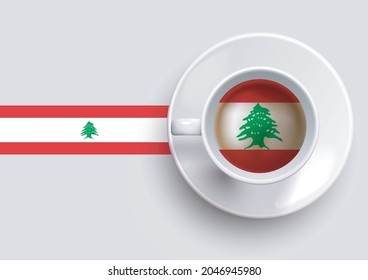 Lebanon flag with a tasty coffee cup on top view and a gradient background. Hot beverage with Lebanon flag, vector illustration.