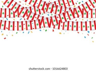 Lebanon flags garland white background with confetti, Hang bunting for Lebanese independence day celebration template banner, Vector illustration