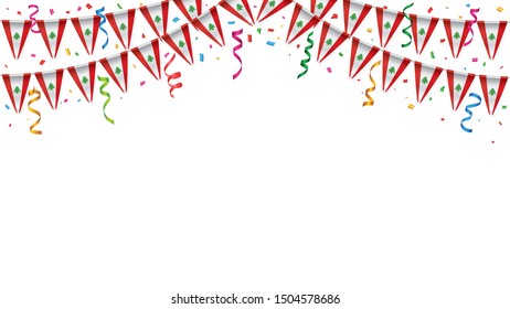 Lebanon flags garland white background with confetti, Hang bunting for Lebanese independence day celebration template banner, Vector illustration