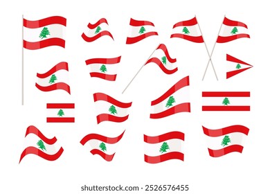 Banderas del Líbano Conjunto aislado sobre fondo blanco. Ilustración vectorial.