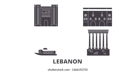 Lebanon flat travel skyline set. Lebanon black city vector illustration, symbol, travel sights, landmarks.