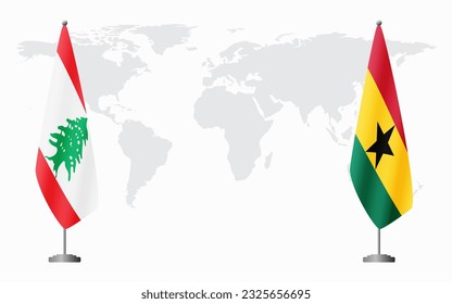 Lebanon and Ghana flags for official meeting against background of world map.