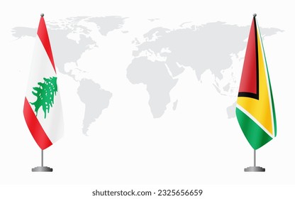 Lebanon and Guyana flags for official meeting against background of world map.