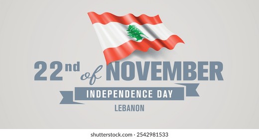 Lebanon happy independence day greeting card, banner vector illustration. Lebanese national holiday 22nd of November design element with realistic flag