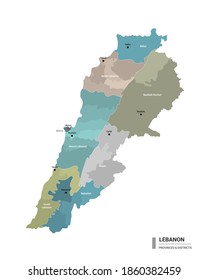 Lebanon higt detailed map with subdivisions. Administrative map of Lebanon with districts and cities name, colored by states and administrative districts. Vector illustration.