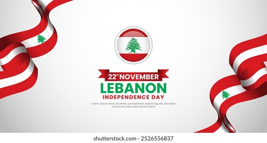 Lebanon Independence day banner background with flying waving ribbon flag. Lebanon National Day design.