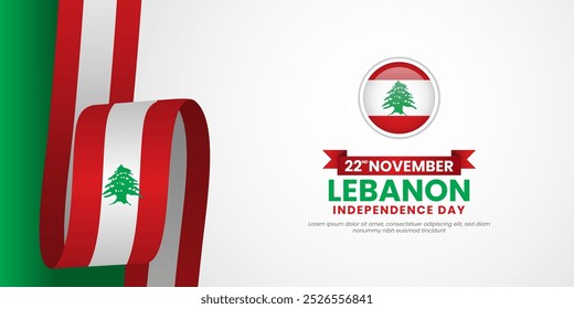 Lebanon Independence day banner background with flying waving ribbon flag. Lebanon National Day design.