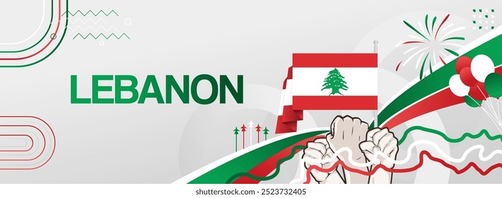 Lebanon independence day creative banner in flag colors. Modern abstract art for holiday celebration, national day greeting card, web header, poster sport and music event. Horizontal background