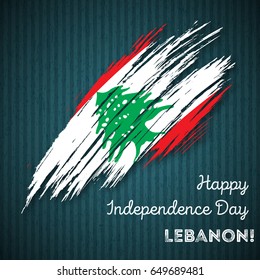 Lebanon Independence Day Patriotic Design. Expressive Brush Stroke in National Flag Colors on dark striped background. Happy Independence Day Lebanon Vector Greeting Card.