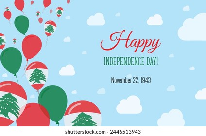 Lebanon Independence Day Sparkling Patriotic Poster. Row of Balloons in Colors of the Lebanese Flag. Greeting Card with National Flags, Blue Skyes and Clouds.