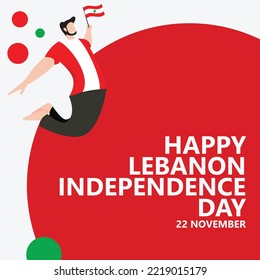 Lebanon independence day vector illustration with a man jumping and holding national flag. Middle Eastern country public holiday celebrated annually on November 22.