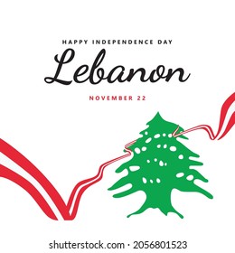 Lebanon independence day vector template for social media with a long flag and a cedar tree. Middle Eastern country public holiday.