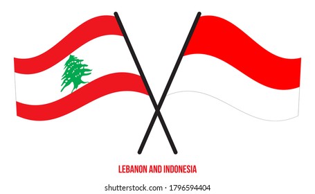 Lebanon and Indonesia Flags Crossed And Waving Flat Style. Official Proportion. Correct Colors.