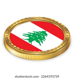 Lebanon (LB) National Flag Round Icon 2.5D Isometric Projection View Gold Coin Isolated on White Background