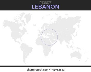 Lebanon or Lebanese Republic location modern detailed vector map. All world countries without names. Vector template of beautiful flat grayscale map design with selected country and border location