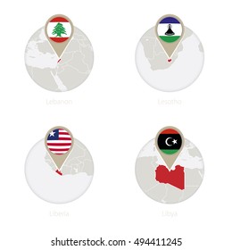 Lebanon, Lesotho, Liberia, Libya map and flag in circle. Vector Illustration.