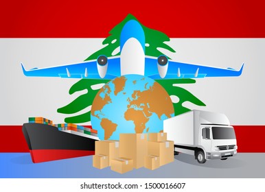 Lebanon logistics concept illustration. National flag of Lebanon from the back of globe, airplane, truck and cargo container ship