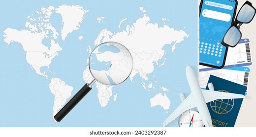 Lebanon is magnified over a World Map, illustration with airplane, passport, boarding pass, compass and eyeglasses. Vector illustration.