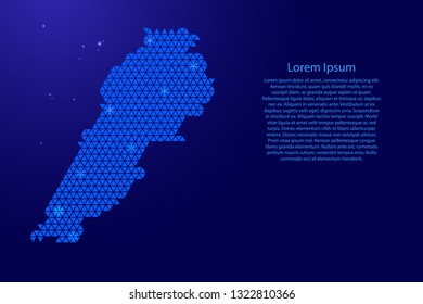 Lebanon map abstract schematic from blue triangles repeating pattern geometric background with nodes and space stars for banner, poster, greeting card. Vector illustration.