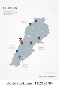Lebanon map with borders, cities, capital Beirut and administrative divisions. Infographic vector map. Editable layers clearly labeled.