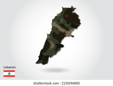 Lebanon map with camouflage pattern, Forest - green texture in map. Military concept for army, soldier and war. coat of arms, flag.