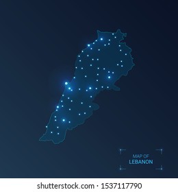 Lebanon map with cities. Luminous dots - neon lights on dark background. Vector illustration. 