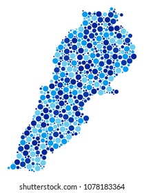 Lebanon Map collage of filled circles in variable sizes and blue color tinges. Random circle elements are composed into Lebanon Map collage. Vector cartography blue map vector illustration.
