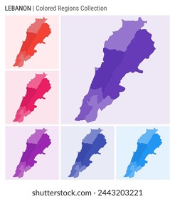 Lebanon map collection. Country shape with colored regions. Deep Purple, Red, Pink, Purple, Indigo, Blue color palettes. Border of Lebanon with provinces for your infographic. Vector illustration. svg