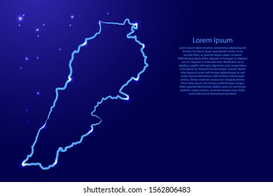 Lebanon map from the contour blue brush lines different thickness and glowing stars on dark background. Vector illustration.