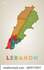 Lebanon map. Country poster with colored regions. Old grunge texture. Vector illustration of Lebanon with country name.