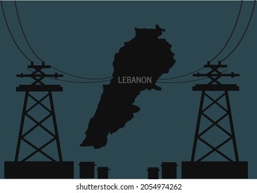 Lebanon Map In Darkness As Fuel Shortages Causes Power Outages. Econominc And Energy Crisis Concept. Editable Clip Art.