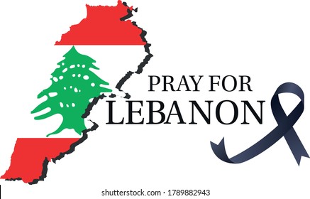 Lebanon Map and Flag of Lebanon with black ribbon isolated on white background. Pray for LEBANON.