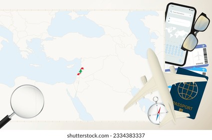 Lebanon map and flag, cargo plane on the detailed map of Lebanon with flag, passport, magnifying glass and airplane. Vector template.