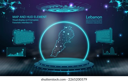 fondo del efecto de conexión de la luz del mapa del líbano. interfaz de usuario de tecnología digital abstracta, GUI, interfaz virtual HUD futurista con mapa del líbano. Estadio futurista podio en niebla.