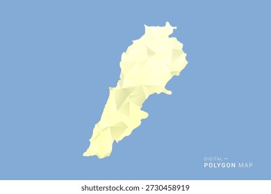 Líbano Mapa en estilo de Vector de polígono bajo, ilustración de forma geométrica con tonos amarillos suaves sobre fondo azul, silueta limpia para infografía.